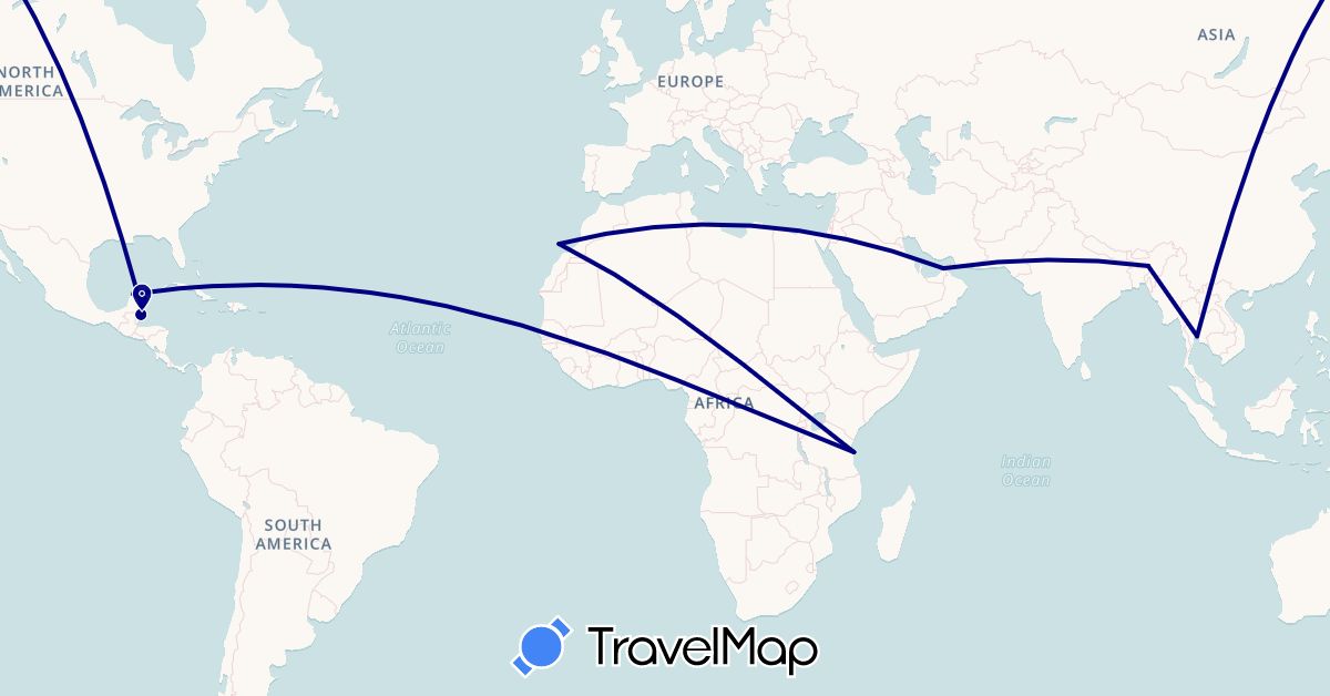 TravelMap itinerary: driving in United Arab Emirates, Belize, Spain, India, Mexico, Thailand, Tanzania (Africa, Asia, Europe, North America)